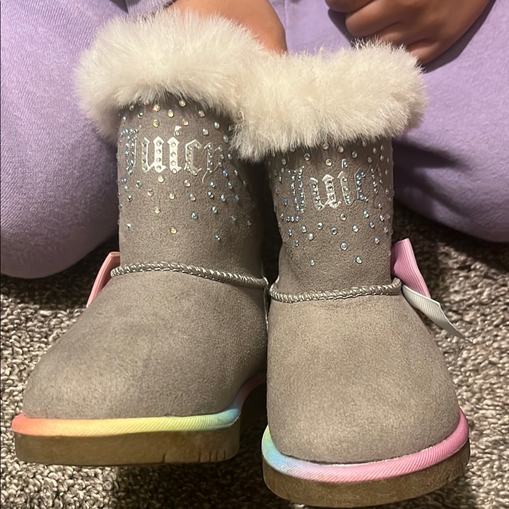 Juicy Couture Gray Boots with Fur Trim and Sparkling Embellishments